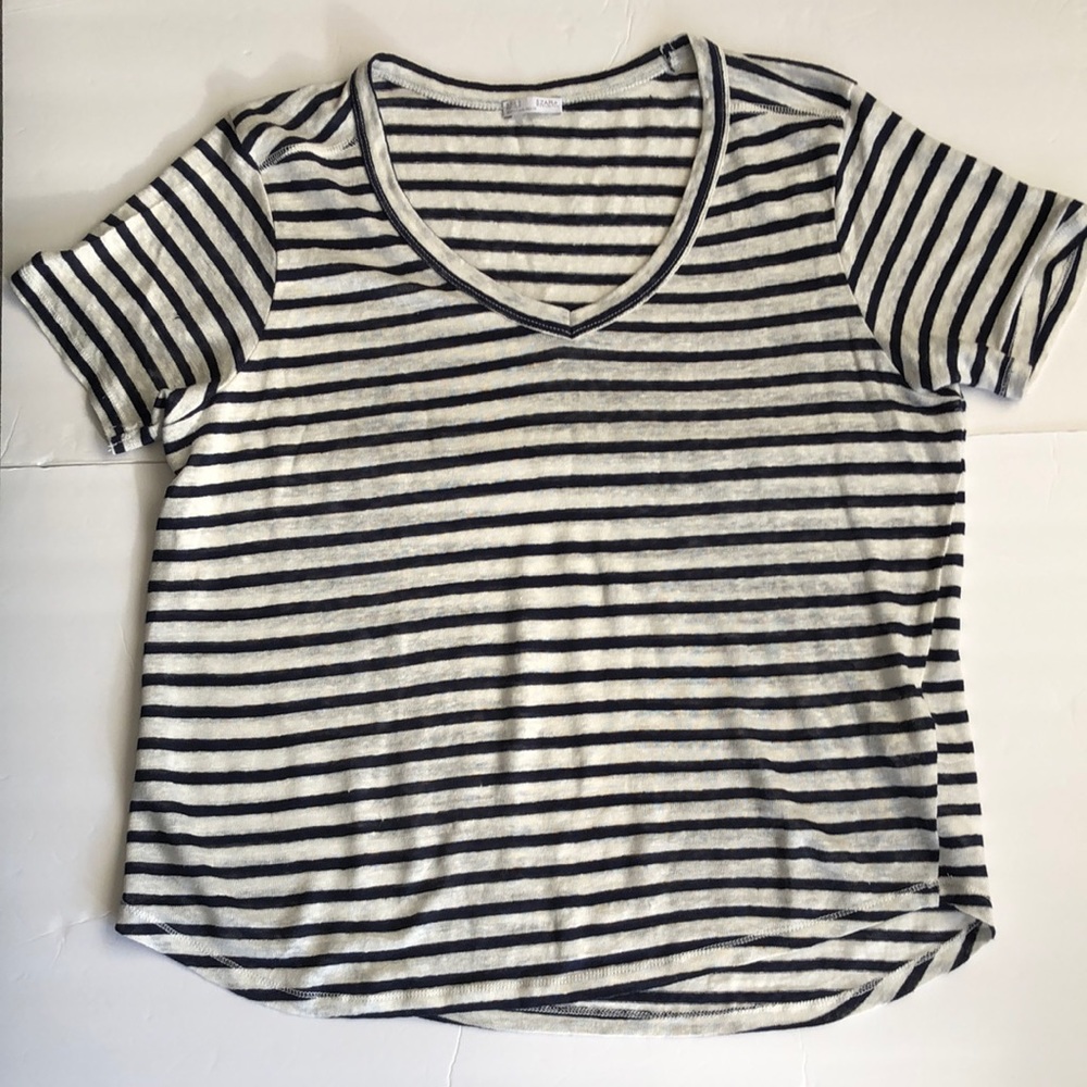 Zara White and Navy Blue Striped Short Sleeve V Neck Loose Fit Shirt Top…